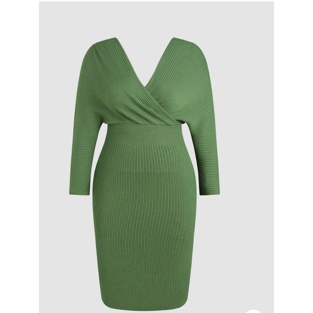 NWT Cider Knit V Neck Sweater Dress MIDI Curvy Womens 3XL Green